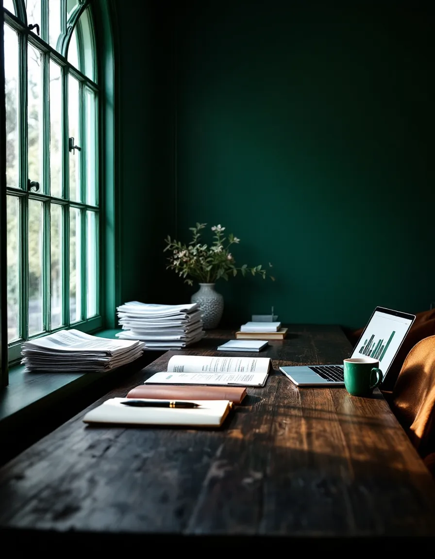 A long oak desk under an arched window in a green-walled office, newspapers stacked at one end and a notebook open in the morning light