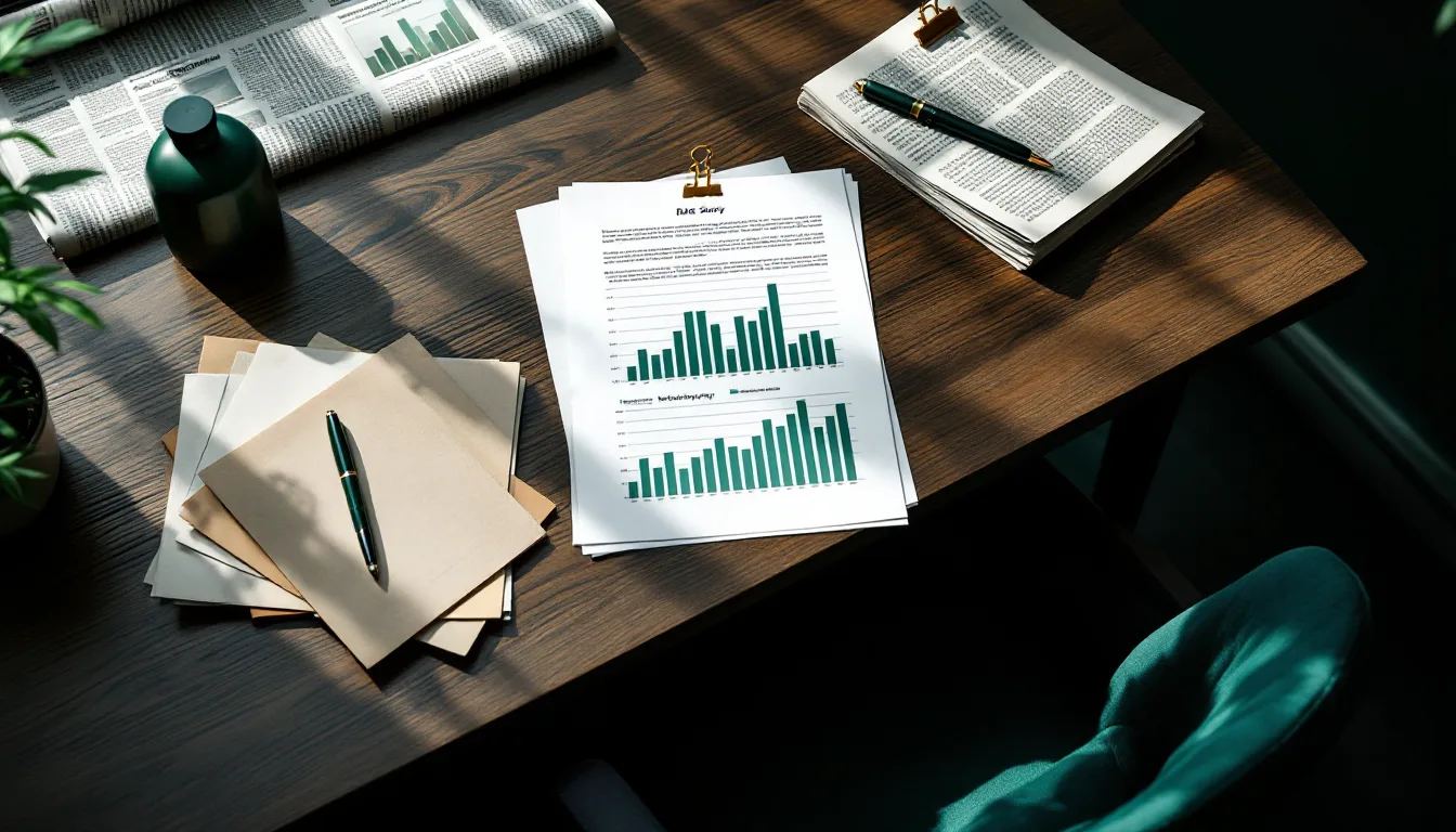 A printed data-story proof on an oak desk, annotated in green ink, with a methodology note clipped behind it