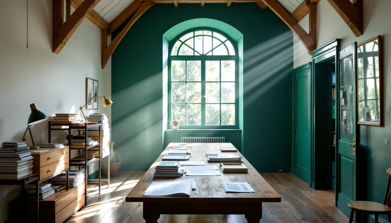 A long oak table under a tall arched window in a green-walled studio, morning light falling in shafts across the floor